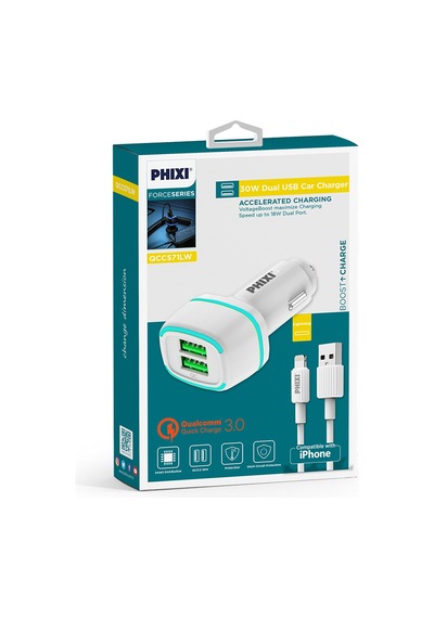 Phixi Force QCC571L Çift Çıkışlı Fast Lightning USB Kablolu Araç