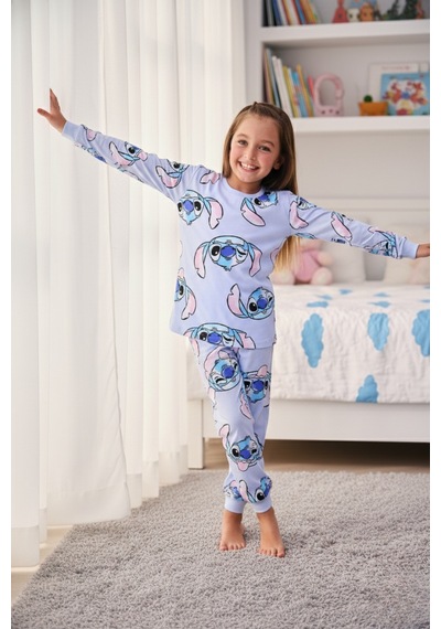 %100 Pamuk Mavi Çizgi Filmli Kız Çocuk Pijama Takımı Mavi