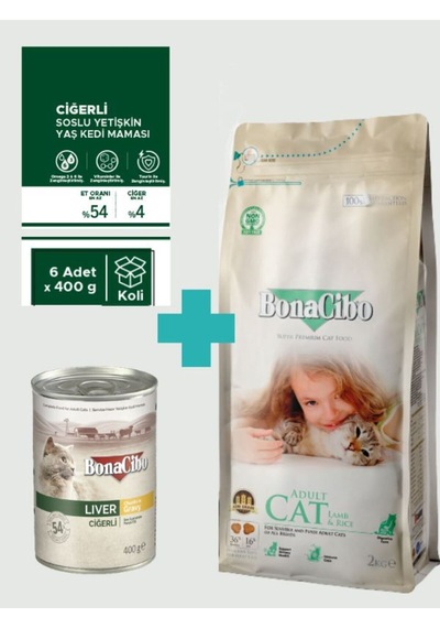 Bonacibo Adult Kuzulu Kuru Mama 2 Kg & Soslu Ciğerli Konserve Avantaj Paketi 6x400 Gr