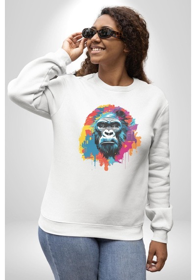 Renkli Maymun Goril Unisex Beyaz Baskılı Sweatshirt Beyaz