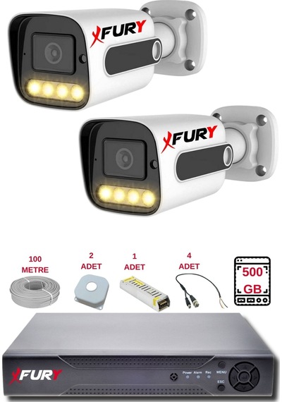 Fury 2 Kameralı Set Full Hd Gece Renkli Görüş-cepten İzle-su Geçirmez Güvenlik Kamerası Seti 500gb