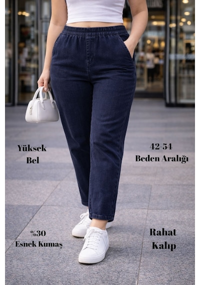 Cedy Denım - Büyük Beden Likralı, Beli Lastikli Jean Pantolon C636 Mavi