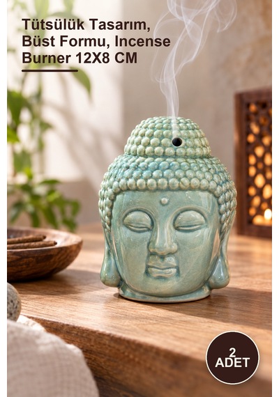 2 Adet Seramik Buda Büstü Buhurdanlık Tütsülük Tasarım, Büst Formu, Incense Burner 12x8 Cm