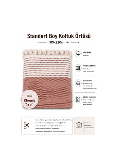Pamuklu Kaymaz Hasır Dokuma Koltuk Örtüsü 180x220 - Kiremit