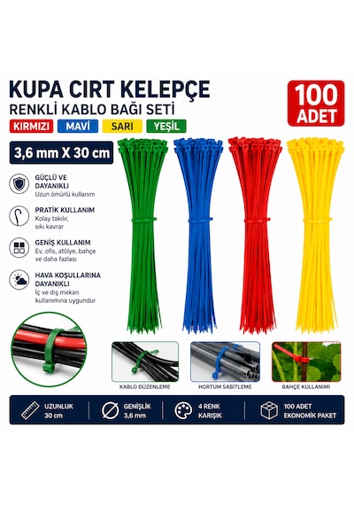 Kupa Cırt Kelepçe Kablo Bağı Renkli Kırmızı Sarı Yeşil Mavi Cırt Kelepçe 3,6mm X 300 Mm 100 Adet Kupa Cırt Kelepçe Kablo Bağı Renkli Kırmızı Sarı Yeşil Mavi Cırt Kelepçe 3,6mm X 300 Mm 100 Adet