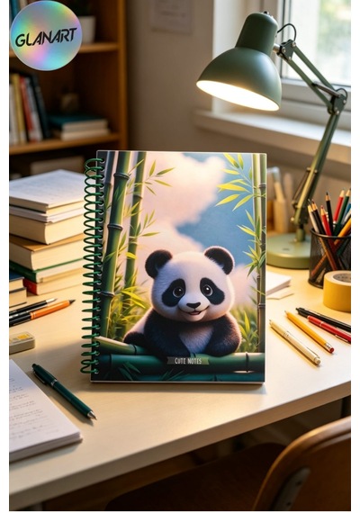 100 Yaprak Sevimli Panda Desenli Orta Boy Sert Kapak Kareli Defter 17x24 Cırtlı