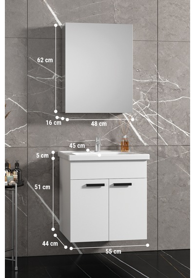 Çiğdem Kulplu 55 Cm Beyaz Mdf Seramik Lavabolu Asma Banyo Dolabı Takımı