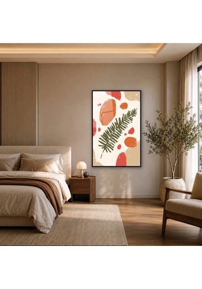 Yapraklı Bohem Desen Siyah Çerçeveli Cam Tablo