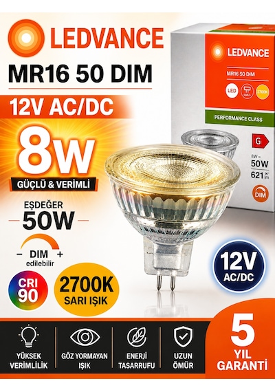 6 Adet Ledvance 12v Ac/dc 8w 50w Dimli 2700k Sarı Işık Gu5.3 Duylu Led Çanak Ampul