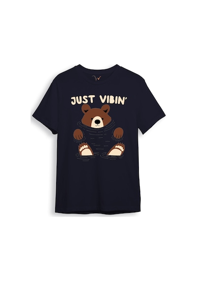 Just Vibin Sevimli Ayıcık Baskılı Regular Fit %100 Pamuk Lacivert T-shirt Lacivert