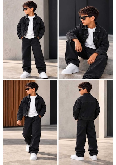 Toikids Erkek Çocuk Jean Ceketli Pantolonlu 2'li Denim Takım Siyah