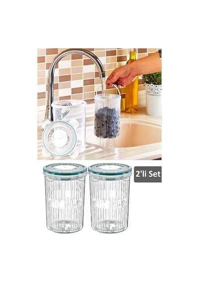 Meleni Home 2'li Set Süzgeçli Zeytinlik - Zeytin Turşu Saklama Kabı 1,5 Lt