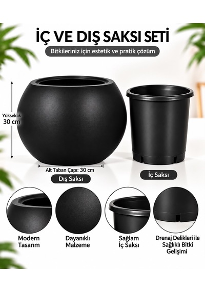 Siyah Yuvarlak İç Ve Dış Saksı Seti 27 Litre Dış Saksı 9,5 Litre İç Saksı Modern Dekoratif Büyük Boy Saksı -
