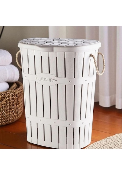 Kastamonu Plastik Bambu Halatlı Kirli Çamaşır Sepeti 65 L-beyaz