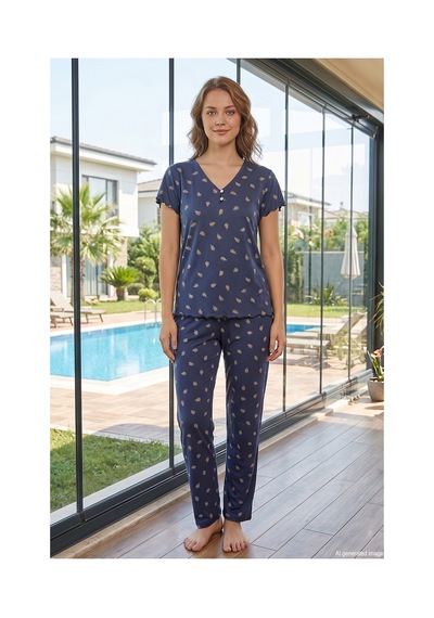 Aydoğan Kadın Çiçek Desen Kısa Kol Bambu Kumaş Pijama Takımı 240130 Açık Lacivert