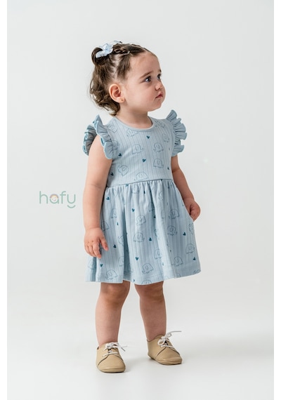Hafy Baby Fırfır Kollu, Neşeli Fil Desenli, Yazlık Kız Çocuk / Bebek Elbisesi Açik Mavi