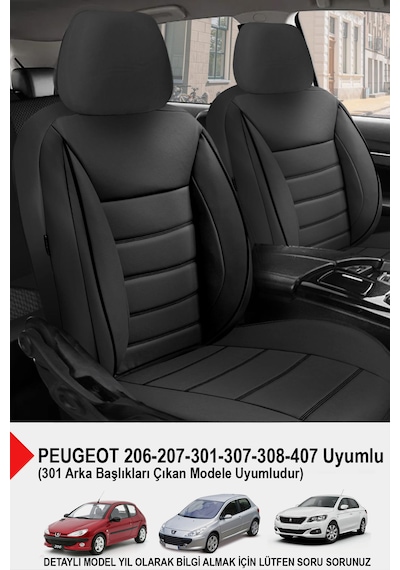 Jet Siyah Deri Oto Koltuk Kılıfı- Peugeot 206-207-208-306-307-407- Uyumlu Siyah