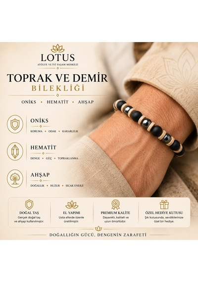Toprak Ve Demir Premium Bilekliği Oniks, Hematit & Ahşap
