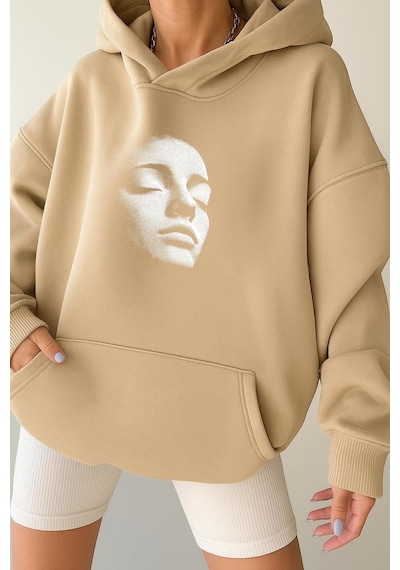 Benroma 3 İplik Penye Silüet Unisex Kapüşonlu Sweat Bej