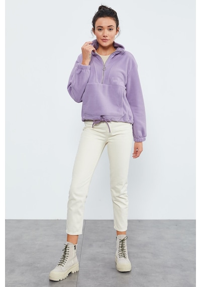 Tommy Life Eflatun Yarım Fermuar Etek Ucu Büzgülü Kadın Polar Oversize Sweatshirt - 97171 Eflatun