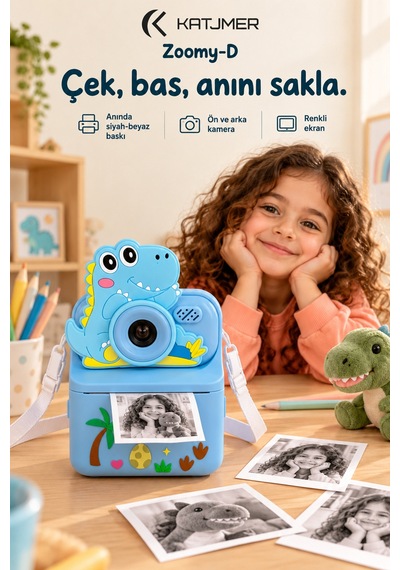 Kj/zm-002 Zoomy-d Dinozor Figürlü Anında Baskılı Çocuk Fotoğraf Makinesi, Çift Kamera, 2,4 İnç Ekran, 1080p Video, 3+ Yaş Mavi