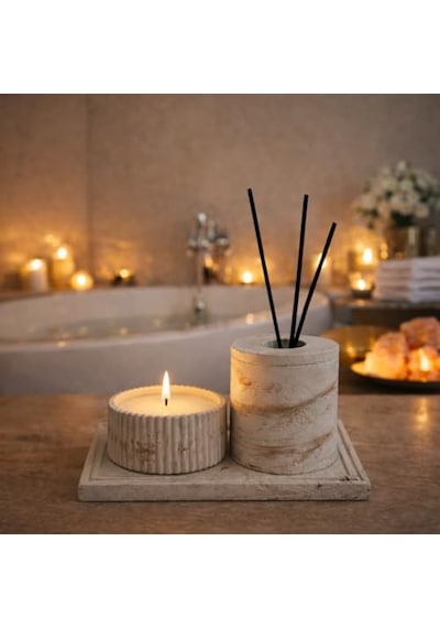 Beton Banyo Seti, Mum, Difüzör Oda Kokusu Kabı Ve Dekoratif Tepsi, Banyo Dekoru, 4 Parça Set, Koku Çubuk Hariç Diğer