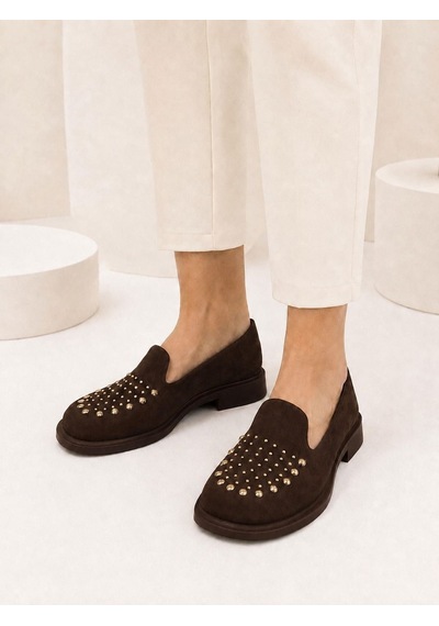 Dabab Shoes Monıca Kadın Acı Kahve Süet Taşlı Zımbalı Yuvarlak Burun 2 Cm Kalın Taban Loafer Ayakkabı Kahverengi