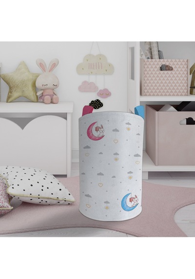Mekta Home Bebek Ve Çocuk Odası Renkli Ay Ve Tavşan Desenli Oyuncak Sepeti Çok Renkli