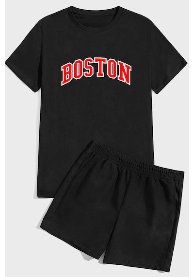 Uyguntarz Boston Baskı Şort Takım Siyah