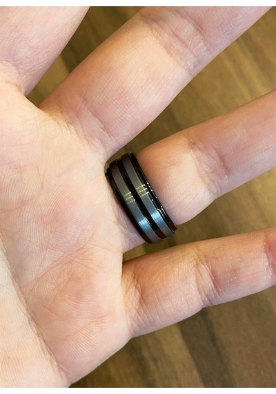 Erkek Gümüş İkili Çizgi Model Siyah Renk Tungsten Yüzük Siyah - Gümüş