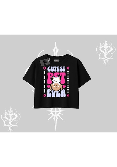 Tarzsokak Best Pet Ever Baskılı Oversize Crop Tshirt Siyah