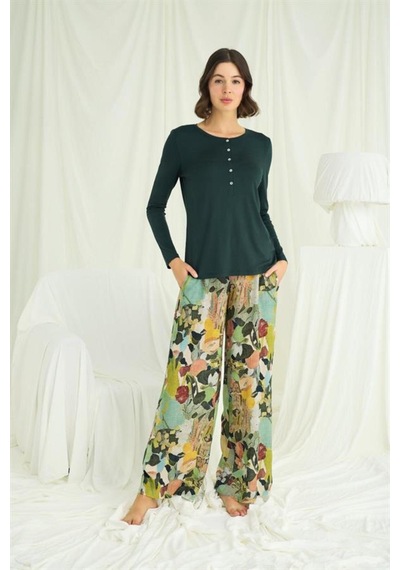 Lisinya Çiçek Ve Yaprak Desenli Pijama Takımı Yeşil
