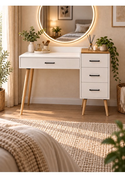 Dorm Çekmeceli Ahşap Ayaklı Makyaj Masası - Beyaz- Atlantik Çam - 120x90 Cm Beyaz - Çam Dorm Çekmeceli Ahşap Ayaklı Makyaj Masası - Beyaz- Atlantik Çam - 120x90 Cm Beyaz - Çam