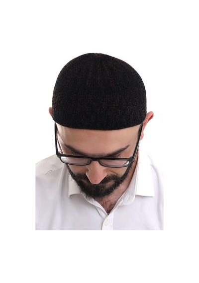 Siyah Kahve Hasır Desen Kışlık Kadife Namaz Takkesi