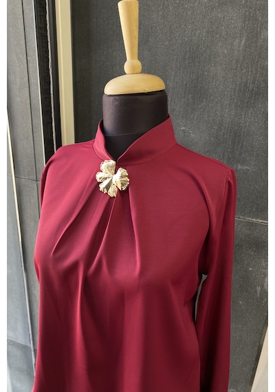 Pera Moda Gold Broş Detaylı Şık Bluz Gömlek Bordo