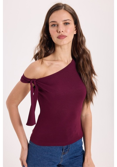 Tudors Kadın Slim Fit Dar Kesim Kısa Kollu Kayık Yaka Bordo Bluz-50537