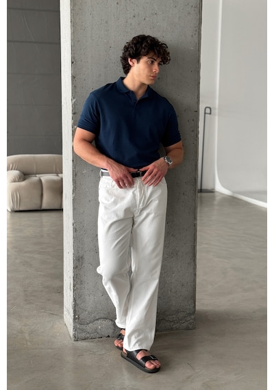 Erkek %100 Pamuk Düğmeli Polo Yaka T-shirt Lacivert
