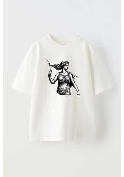 Thewert Unisex Artemis Ancient God Greek Tasarım Baskılı Pamuk Beyaz Oversize T-shirt