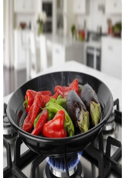 Közmatik Emaye 32 Cm Patlıcan Biber, Mısır, Közleme Tavası, Kestanematik, Ocak Üstü Mangal Siyah
