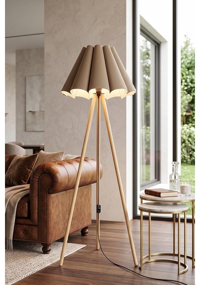 Woody Tripod Flora Cappuccino Zemin Lambaderi, Kumaş Başlıklı Ayaklı Lamba Ve Salon Oturma Odası Aydınlatması - Modern Dekoratif Yer Lambası Diğer