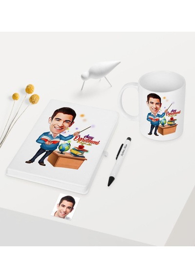 Kişiye Özel Bay Öğretmen Temalı Karikatürlü Beyaz Defter Kalem Ku N11.3182