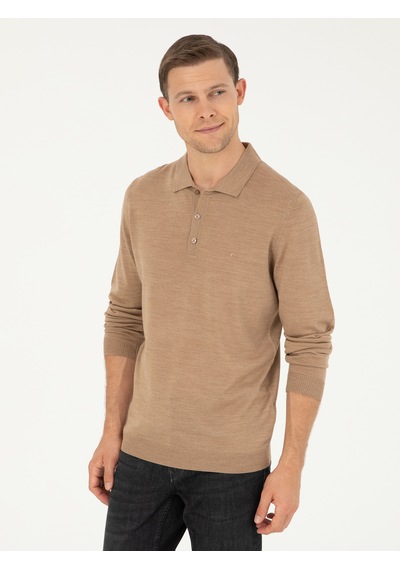 Cacharel Camel Slim Fit Yün Karışımlı Polo Yaka Basic Triko Kazak Kahverengi