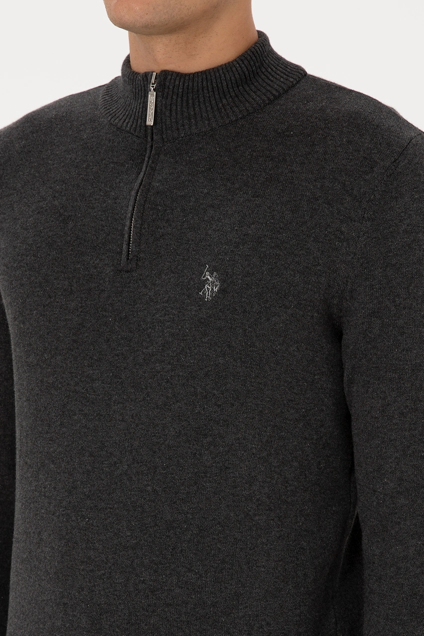 U.S. Polo Assn. Erkek Slim Fit Yarım Fermuarlı Antrasit Melanj Basic Kazak 50313695-VR081