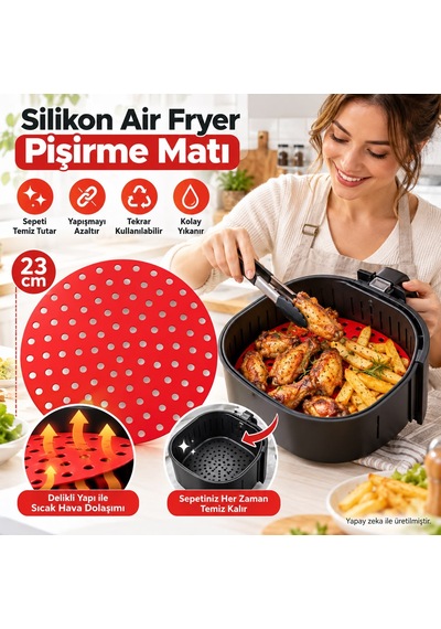 Isıya Dayanıklı Yıkanılabilir Silikon Fırın Ve Airfryer Yuvarlak Model Pişirme Matı 23 Cm Çok Renkli