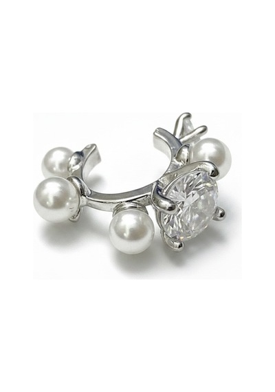 Earcuff Sıkıştırmalı Pirinç Kıkırdak Küpe İncili Taşlı Gümüş Renk Çelik