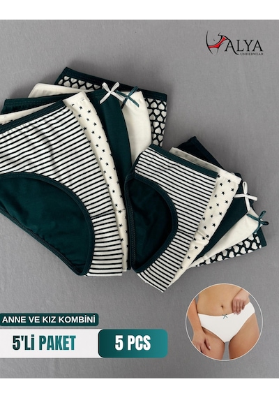 Alya Underwear Anne Kız Kombin Pamuklu Külot - Beyaz Slip İç Çamaşırı - 5'li Paket Yeşil P22