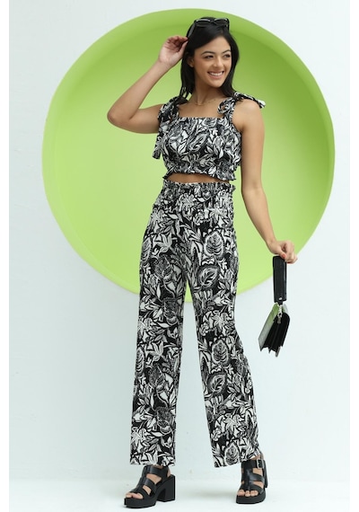 Polo State Kadın Crinkle Kumaş Croptop/pantolon Takım Siyah