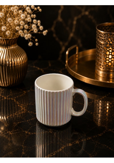 Porselen Gold Gümüş Lüsterli Çizgili Çay Kahve Kupası Bardak Kupa 350ml Açık Beyaz
