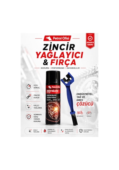 Petrol Ofisi Zincir Yağlayıcı Sprey + Çift Taraflı Motosiklet Bisiklet Zincir Fırçası
