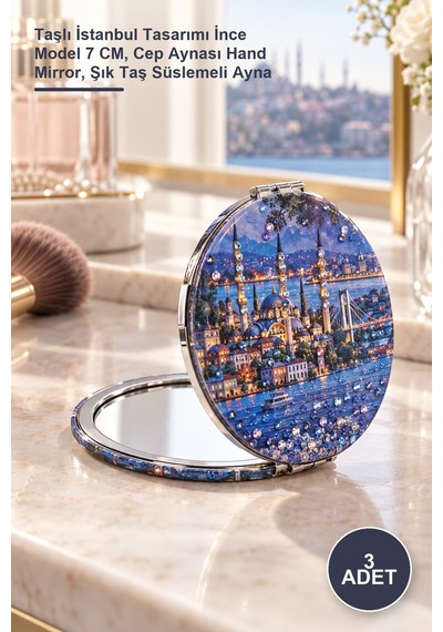 3 Adet El Aynası Taşlı İstanbul Tasarımı İnce Model 7 Cm, Cep Aynası Hand Mirror, Şık Taş Süslemeli Ayna
